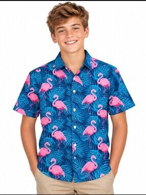 Boys Blue Flamingo Print Short-Sleeve Button-Up Shirt (See Measurements)